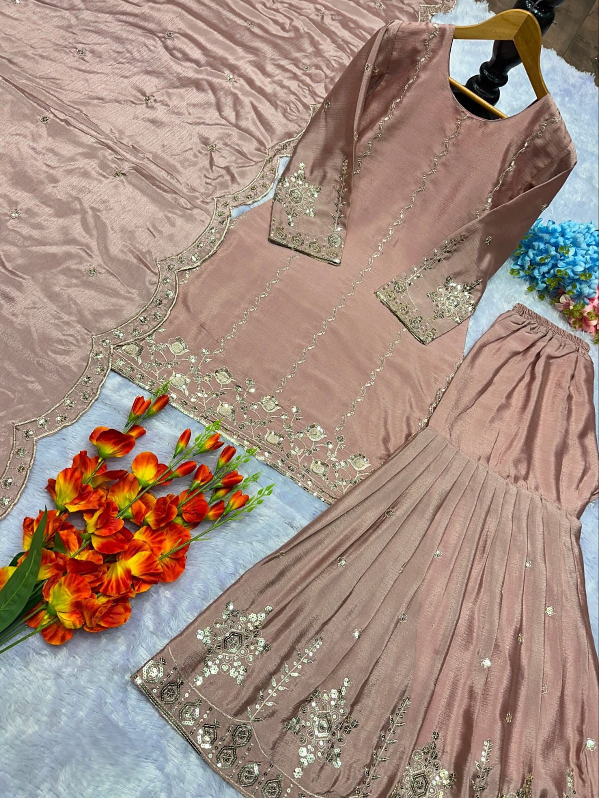 Dusty Rose Heavy Chinon Silk Embroidered Salwar Set